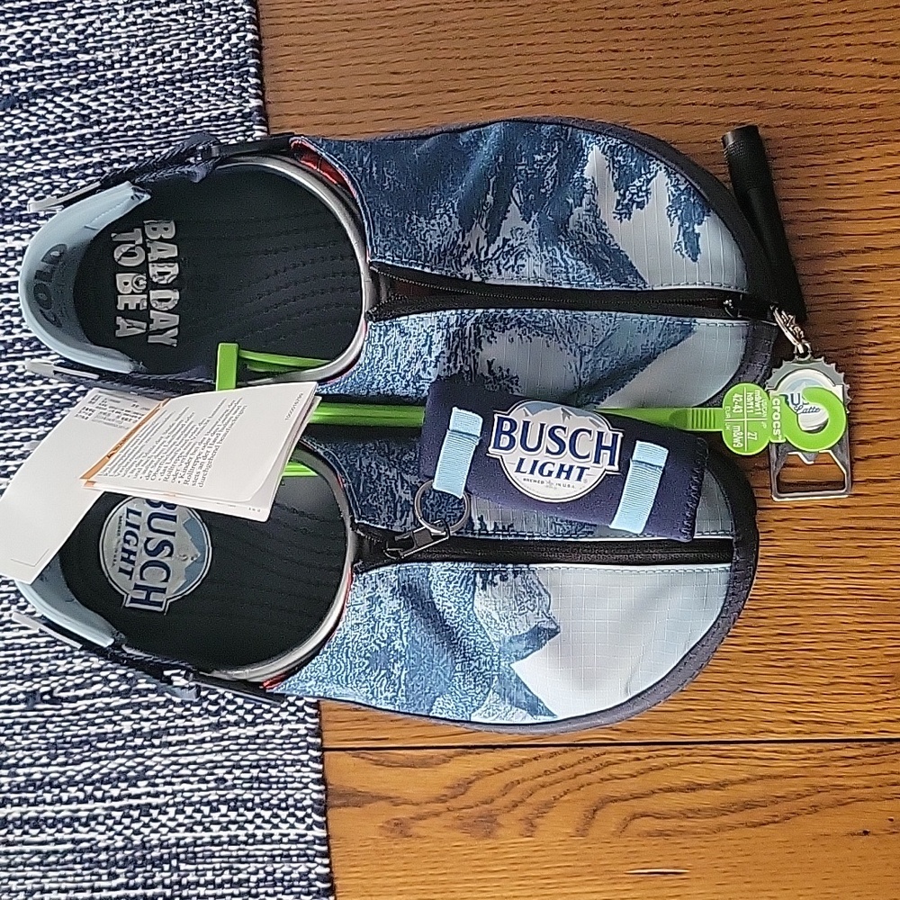 New crocs Busch light clogs with coozie bottle opener and flashlight